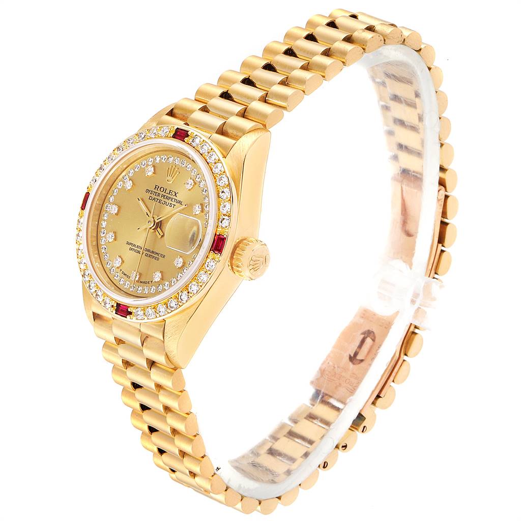 The image shows a side and angled view of the Rolex President 69068 Women's Yellow Gold Champagne Dial 69068 Women's Yellow Gold Champagne Dial watch, highlighting the gold band, dial, and bezeled crown.