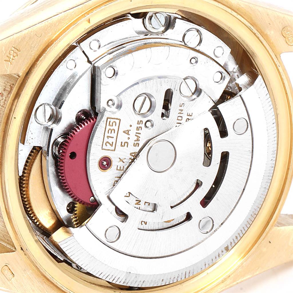 This image shows a close-up view of the movement inside a Rolex President 69178 Women
s Yellow Gold Mother of Pearl Dial 69178 Women
s Yellow Gold Mother of Pearl Dial model watch.