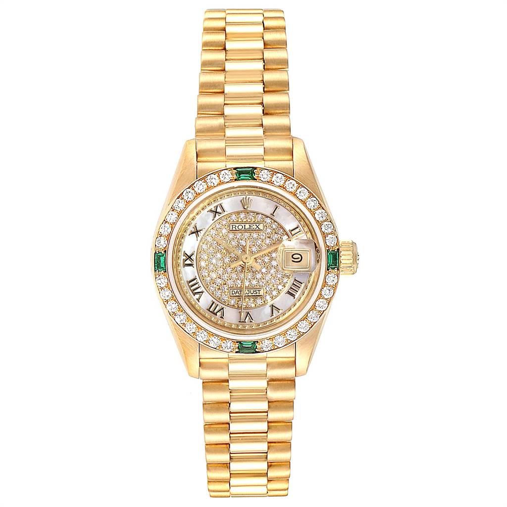 This image shows a front view of the Rolex President 69178 Women
s Yellow Gold Mother of Pearl Dial 69178 Women
s Yellow Gold Mother of Pearl Dial watch, highlighting the dial, bezel, and bracelet.