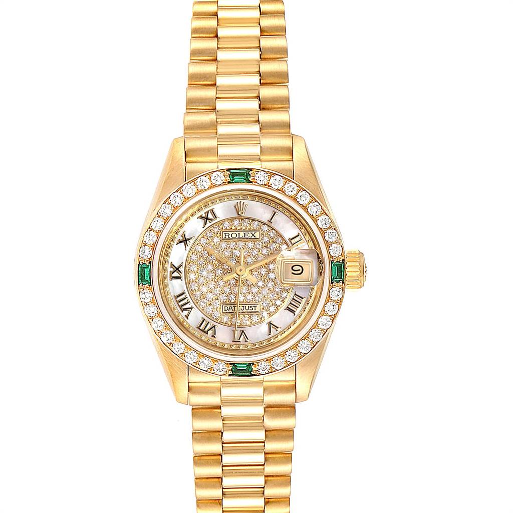 The Rolex President 69178 Women
s Yellow Gold Mother of Pearl Dial 69178 Women
s Yellow Gold Mother of Pearl Dial model watch is shown from a top-down angle, displaying the bracelet, dial, and bezel in full view.