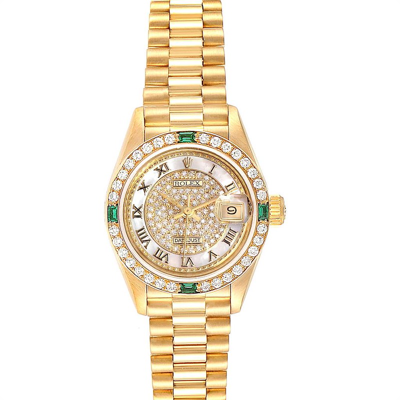 Rolex President Yellow Gold Pave Diamond Emerald Ladies Watch 69178 SwissWatchExpo