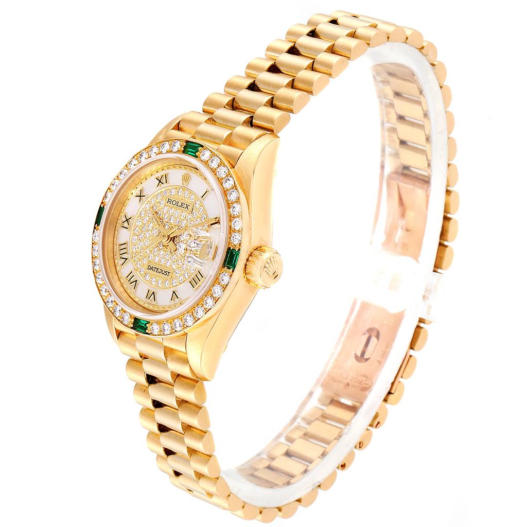 This image shows a Rolex President 69178 Women
s Yellow Gold Mother of Pearl Dial 69178 Women
s Yellow Gold Mother of Pearl Dial model watch at a slight angle, displaying the dial, bezel, crown, and bracelet.