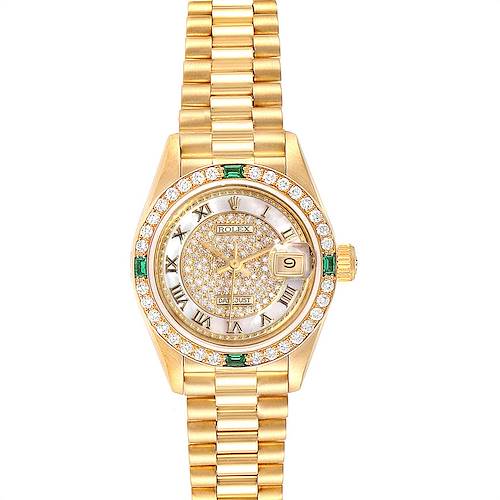 Photo of Rolex President Yellow Gold Pave Diamond Emerald Ladies Watch 69178