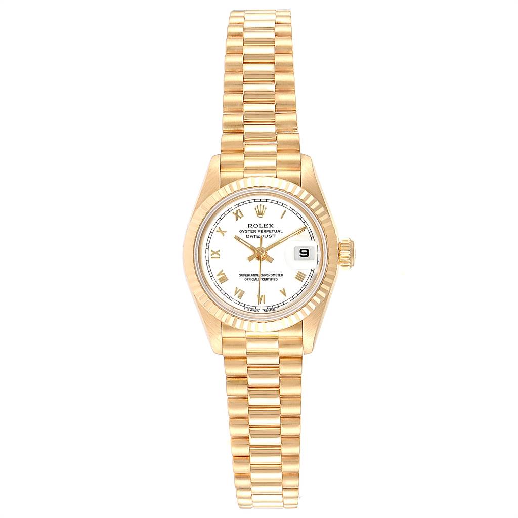 The image shows a front view of the Rolex President 69178 Women's Yellow Gold White Dial 69178 Women's Yellow Gold White Dial model watch, displaying its gold band, white dial, and date window.