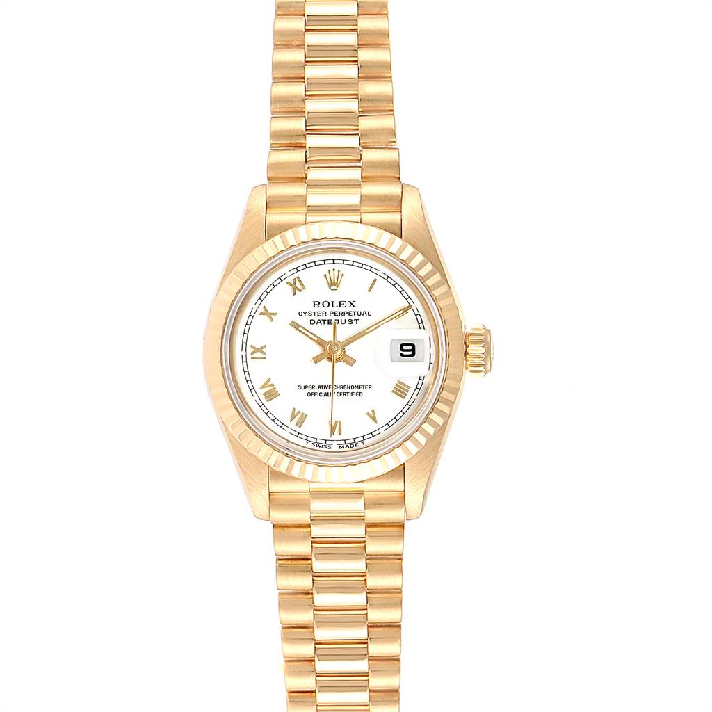 This image shows a Rolex President 69178 Women's Yellow Gold White Dial 69178 Women's Yellow Gold White Dial model watch from a top-down angle, highlighting the dial, bezel, bracelet, and date window.