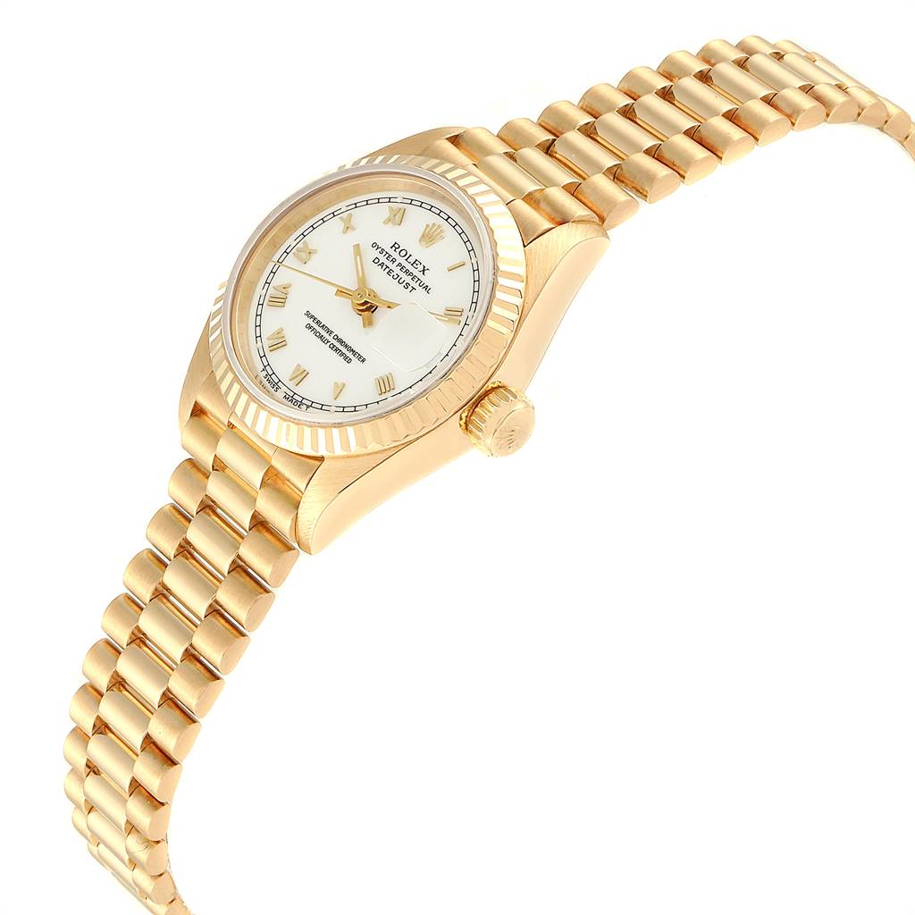 The image shows a side angle of the Rolex President 69178 Women's Yellow Gold White Dial 69178 Women's Yellow Gold White Dial watch, highlighting its gold case, bracelet, crown, and white dial.