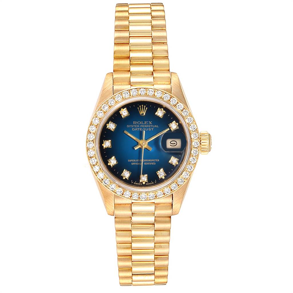 This image shows a Rolex President 69138 Women's Yellow Gold Blue Dial 69138 Women's Yellow Gold Blue Dial model watch, viewed from the front, showcasing its face, bezel, and bracelet.