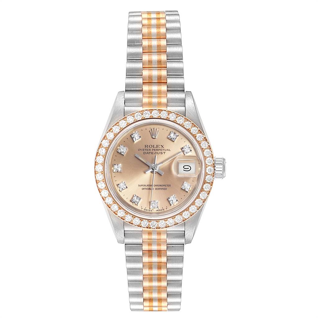 The image shows the front view of a Rolex President 69179 Women's White Gold Brown Dial 69179 Women's White Gold Brown Dial model watch, highlighting its face, bezel, and bracelet.