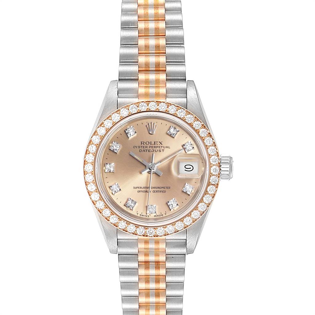 The image shows a Rolex President 69179 Women's White Gold Brown Dial 69179 Women's White Gold Brown Dial model watch, viewed from the front, showcasing its face, bezel, and bracelet.