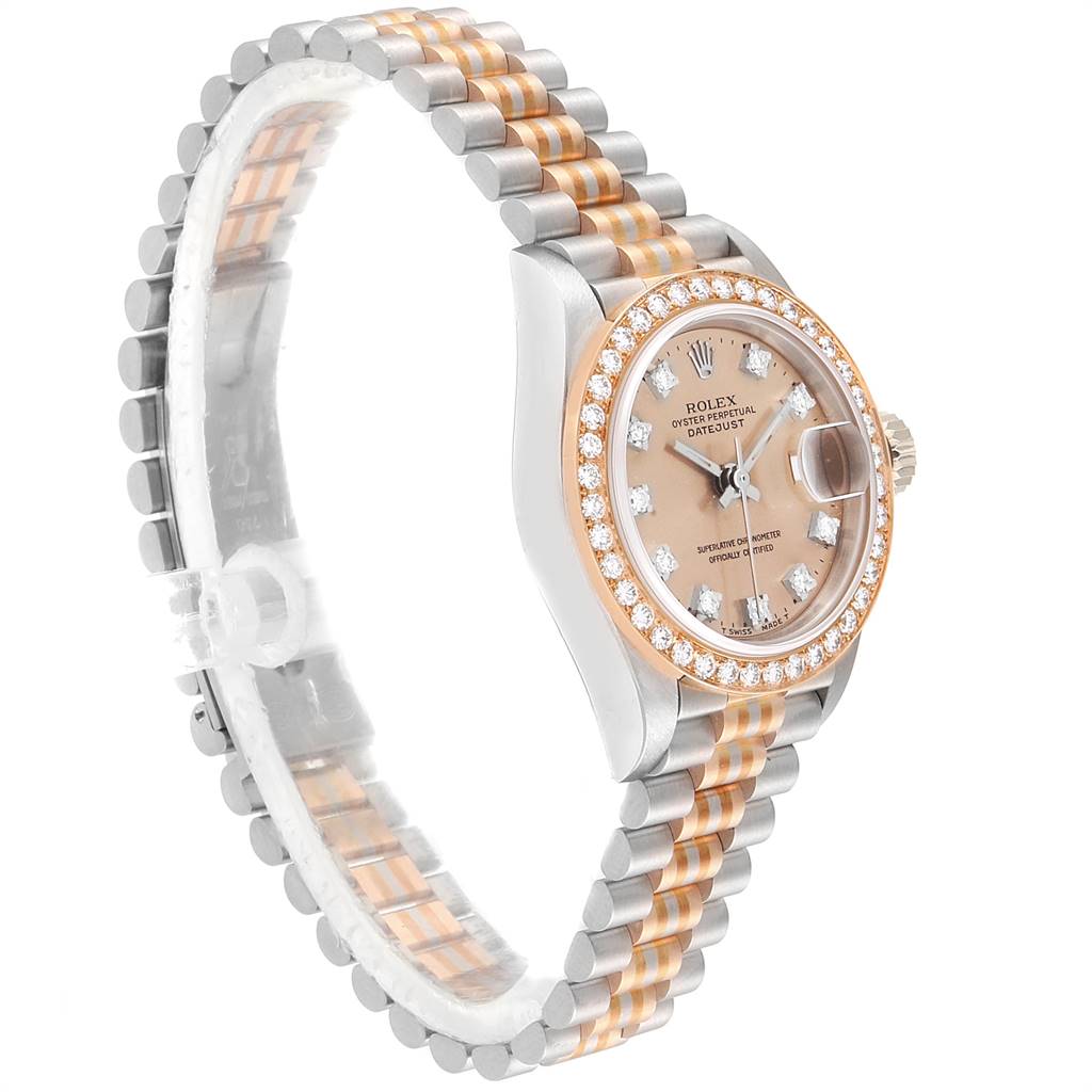 This Rolex President 69179 Women's White Gold Brown Dial 69179 Women's White Gold Brown Dial model watch is shown at an angle highlighting its face, bezel, and two-tone bracelet.