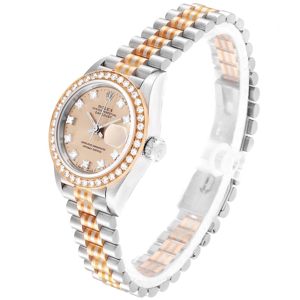 The Rolex President 69179 Women's White Gold Brown Dial 69179 Women's White Gold Brown Dial model watch is shown at a 3/4 angle, displaying the dial, bezel, crown, and two-tone bracelet.