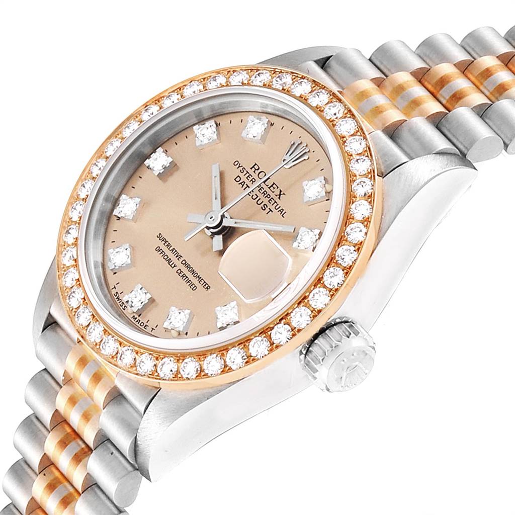 This image shows a close-up of the Rolex President 69179 Women's White Gold Brown Dial 69179 Women's White Gold Brown Dial watch, highlighting the face, bezel, and part of the bracelet.