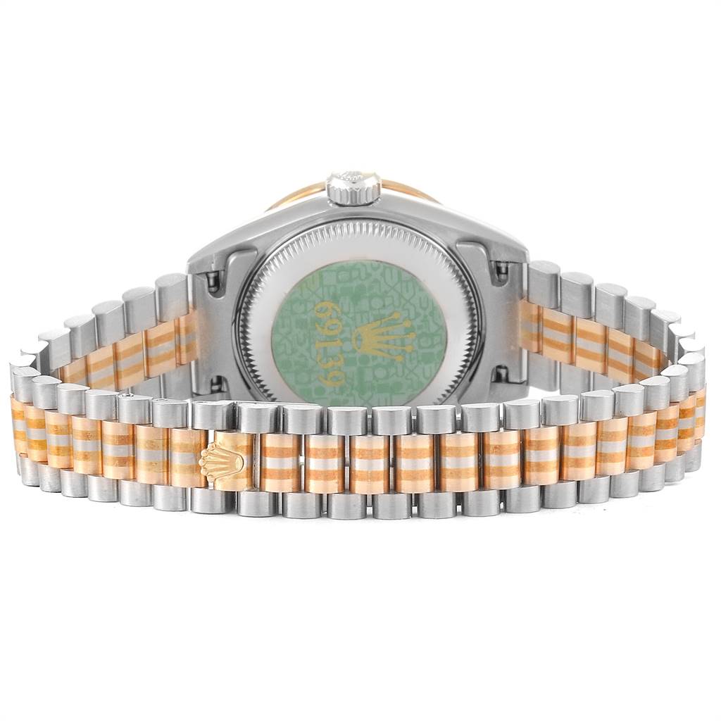 This is a rear view of the Rolex President 69179 Women's White Gold Brown Dial 69179 Women's White Gold Brown Dial model watch showing the case back and the two-tone bracelet.