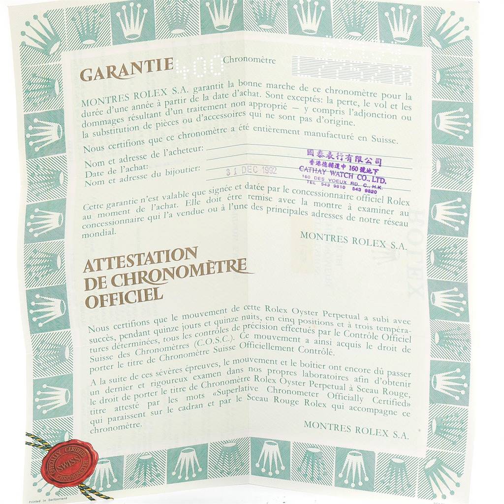 The image shows the warranty and certification documents for a Rolex President 69179 Women's White Gold Brown Dial 69179 Women's White Gold Brown Dial model watch.