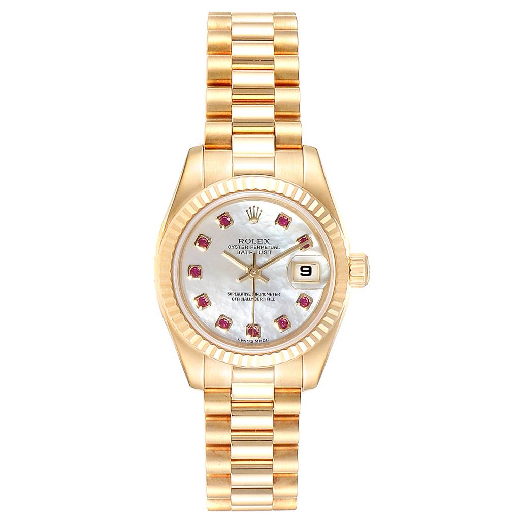 This image shows a frontal view of the Rolex President 179178 Women's Yellow Gold Mother of Pearl Dial 179178 Women's Yellow Gold Mother of Pearl Dial model watch, displaying its face, bezel, and bracelet.