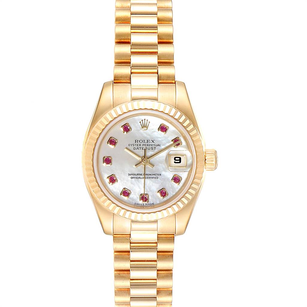 The Rolex President 179178 Women's Yellow Gold Mother of Pearl Dial 179178 Women's Yellow Gold Mother of Pearl Dial model watch is shown from a top-down angle, highlighting its face, bezel, and bracelet.