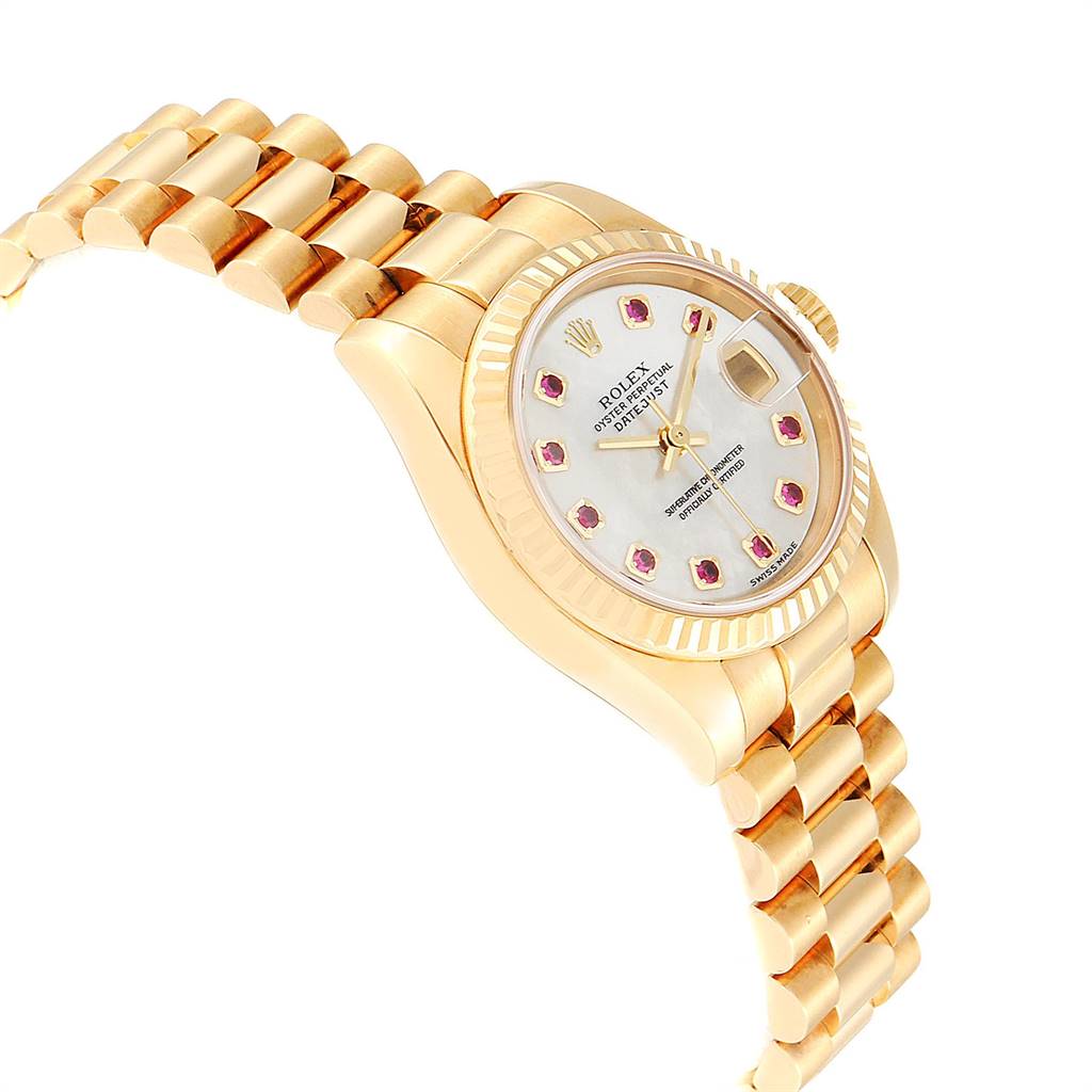 The Rolex President 179178 Women's Yellow Gold Mother of Pearl Dial 179178 Women's Yellow Gold Mother of Pearl Dial model watch is shown at an angle highlighting the bracelet, watch face, and bezel.
