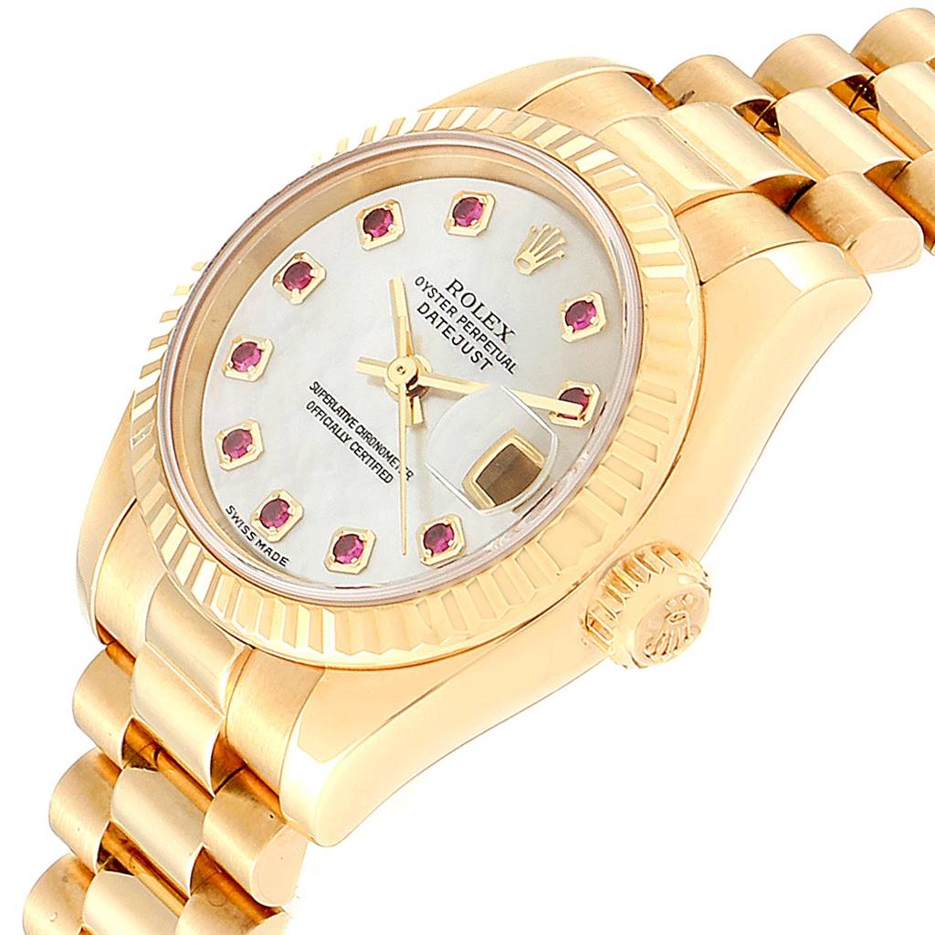 The image shows a close-up, angled view of a Rolex President 179178 Women's Yellow Gold Mother of Pearl Dial 179178 Women's Yellow Gold Mother of Pearl Dial model watch, highlighting the dial, bezel, and part of the bracelet.