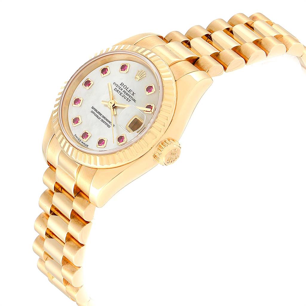This image shows a Rolex President 179178 Women's Yellow Gold Mother of Pearl Dial 179178 Women's Yellow Gold Mother of Pearl Dial model watch at an angled view, highlighting its gold case, bracelet, and mother-of-pearl dial with diamond markers.