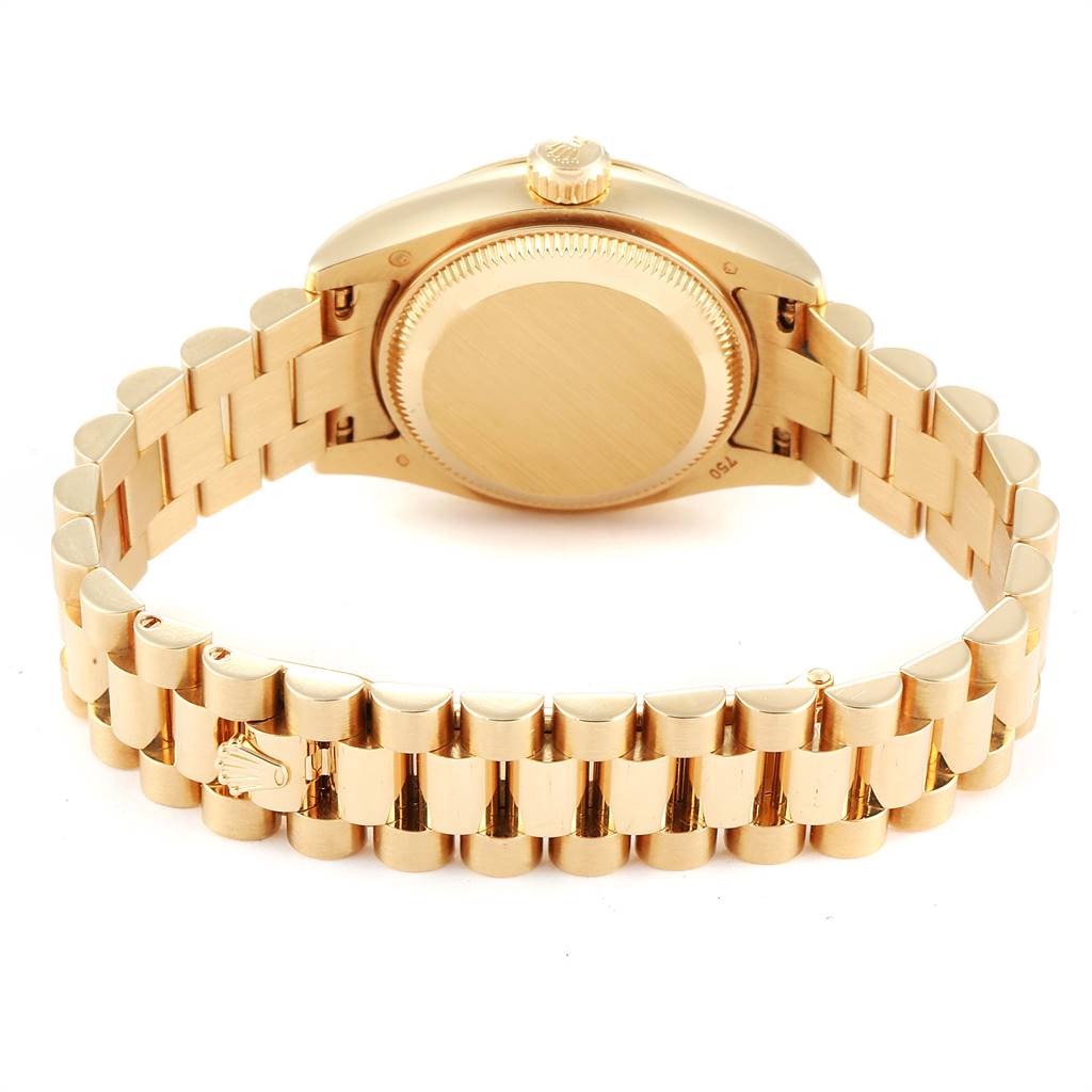 The image shows the back view of a Rolex President 179178 Women's Yellow Gold Mother of Pearl Dial 179178 Women's Yellow Gold Mother of Pearl Dial model, displaying the case back, crown, and bracelet.