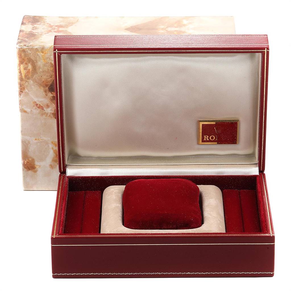 The image shows an open, empty presentation box for a Rolex President 68279 Women's White Gold Silver Dial 68279 Women's White Gold Silver Dial model watch, featuring a red interior.