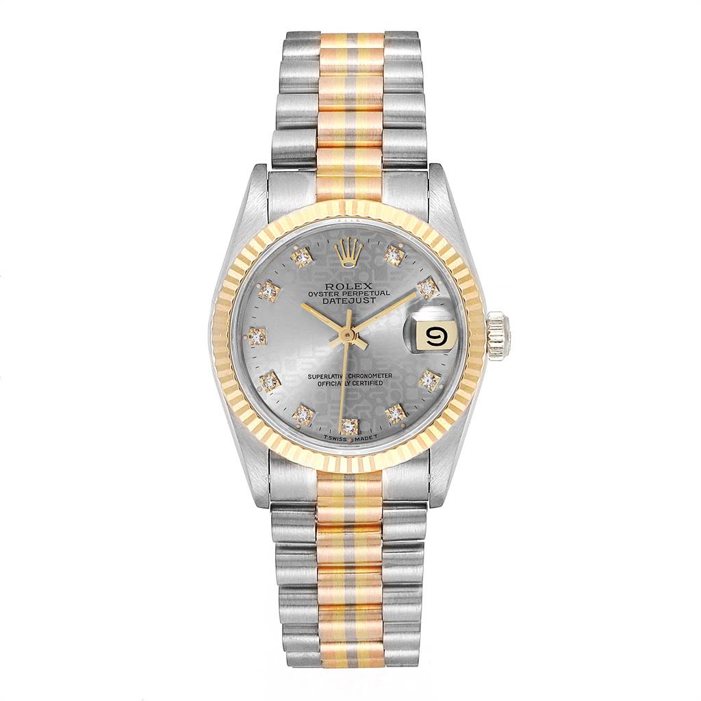 This is a frontal view of a Rolex President 68279 Women's White Gold Silver Dial 68279 Women's White Gold Silver Dial model watch, showing its dial, bezel, bracelet, and date display.