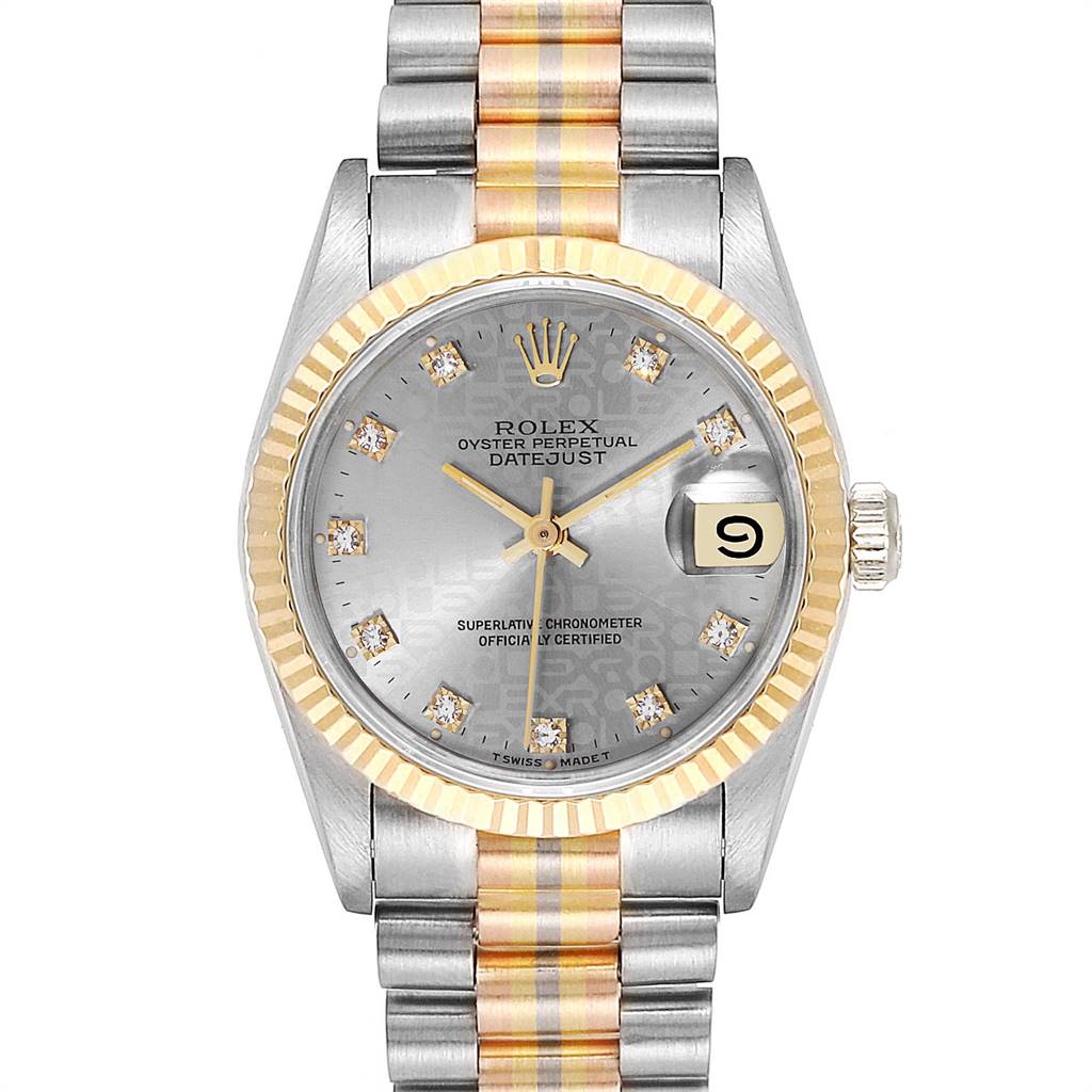 The Rolex President 68279 Women's White Gold Silver Dial 68279 Women's White Gold Silver Dial model watch is shown from a front angle, highlighting the dial, bezel, bracelet, and crown.