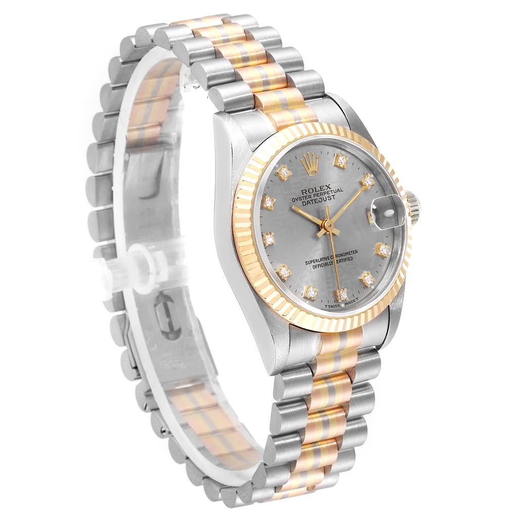The Rolex President 68279 Women's White Gold Silver Dial 68279 Women's White Gold Silver Dial model watch is shown at a three-quarters angle, highlighting the dial, fluted bezel, and two-tone bracelet.