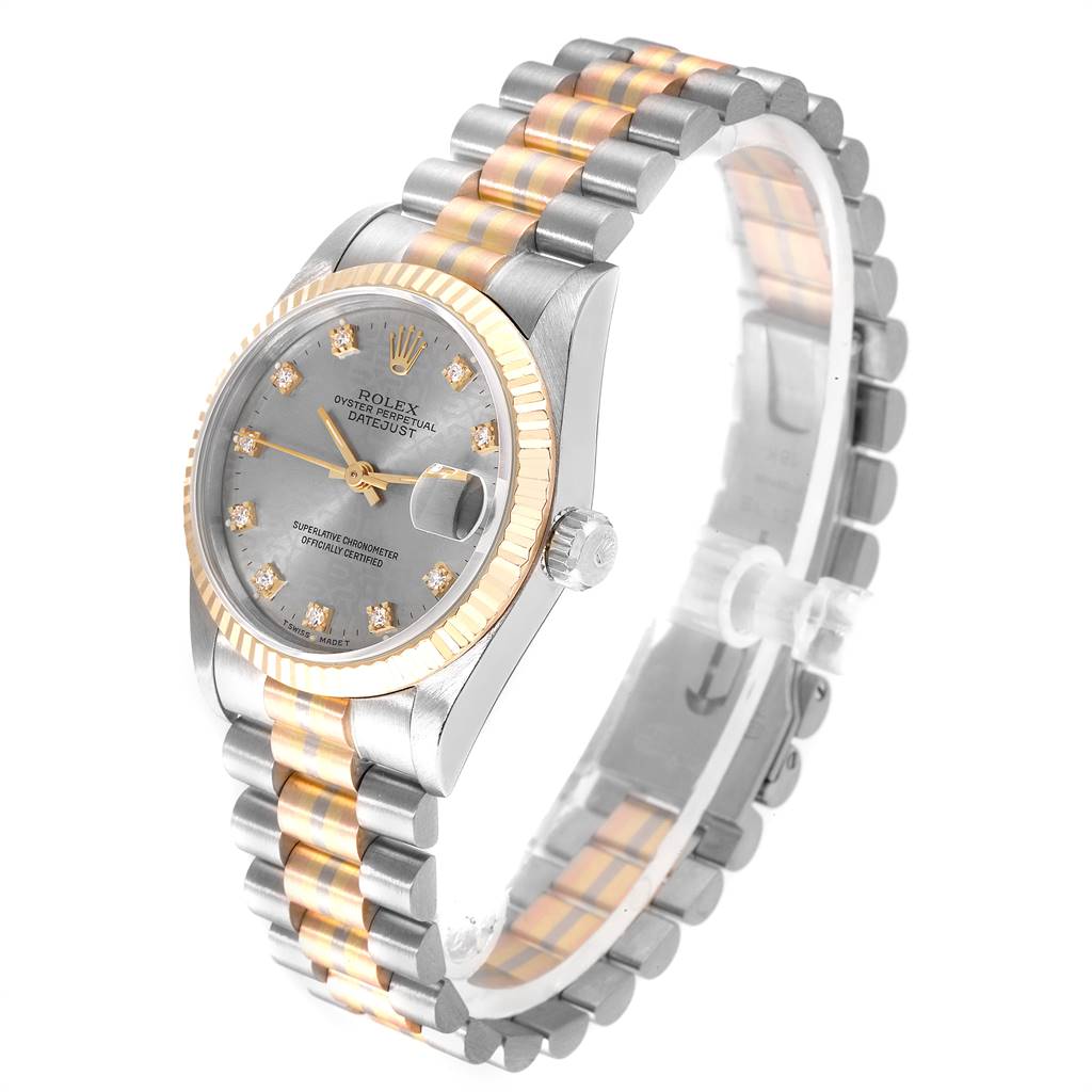The Rolex President 68279 Women's White Gold Silver Dial 68279 Women's White Gold Silver Dial model watch is shown at a three-quarter angle, highlighting its dial, bezel, and two-tone bracelet.