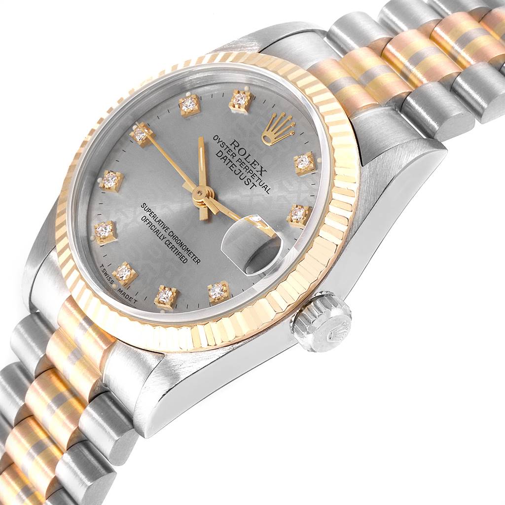 This image shows a side angle of a Rolex President 68279 Women's White Gold Silver Dial 68279 Women's White Gold Silver Dial model watch, highlighting the dial, bezel, crown, and part of the bracelet.
