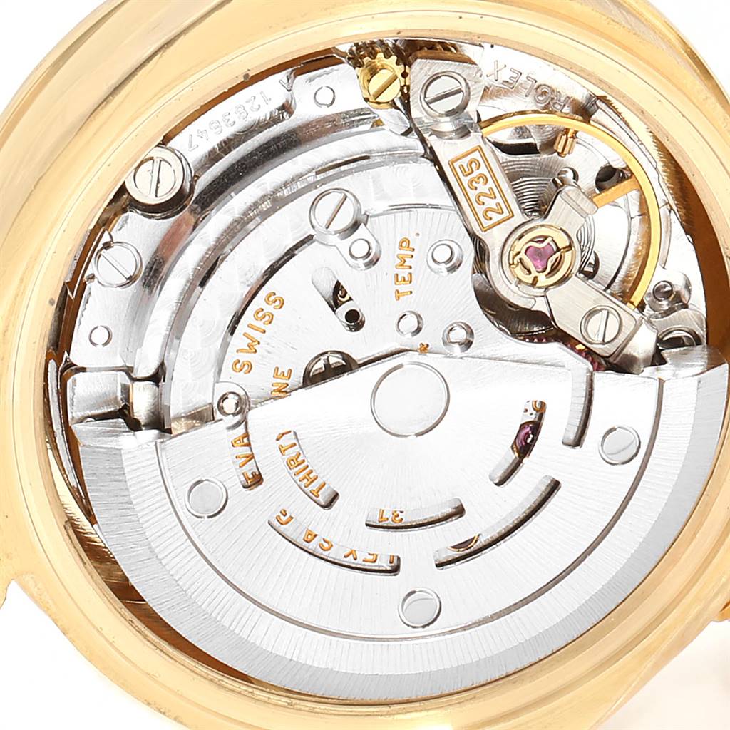 This image shows a close-up of the inner mechanical movement of a Rolex President 179158 Women's Yellow Gold Silver Dial 179158 Women's Yellow Gold Silver Dial model watch.