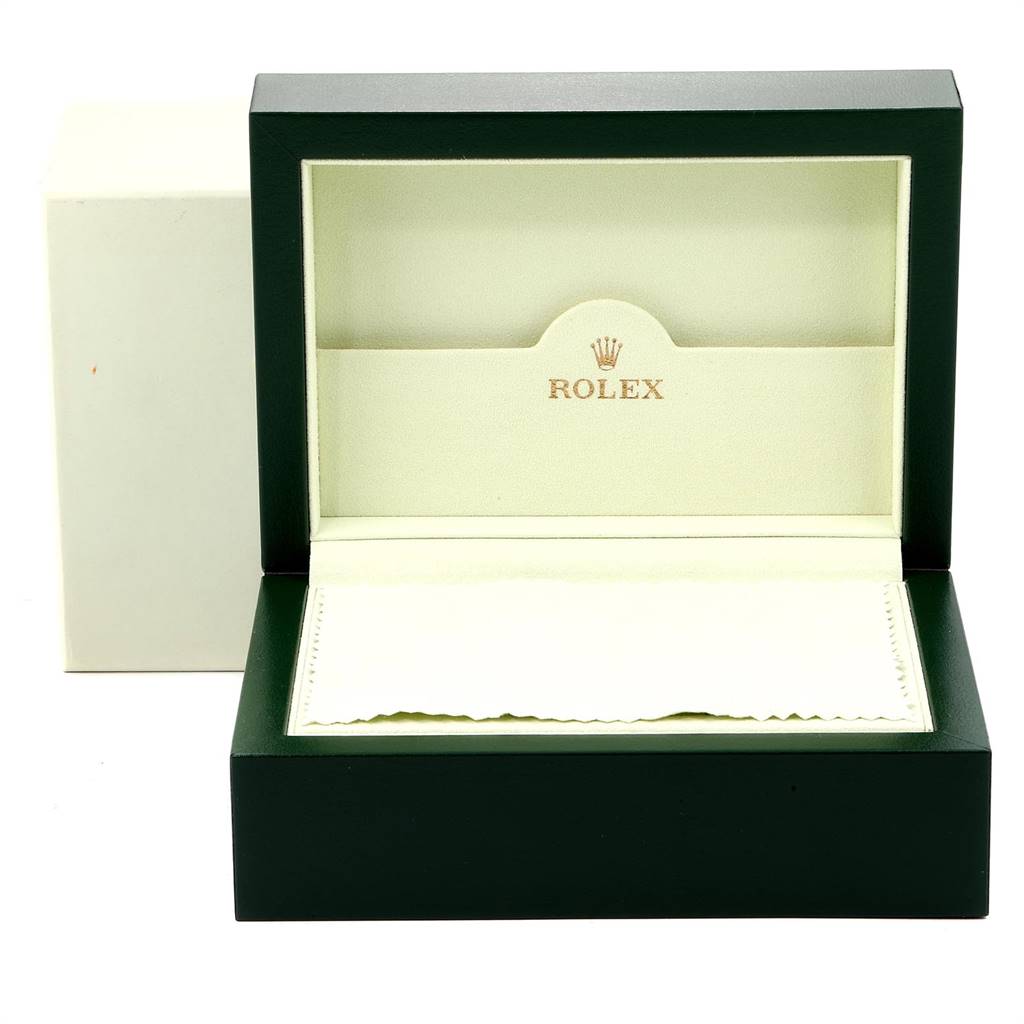 The image shows an open Rolex President 179158 Women's Yellow Gold Silver Dial 179158 Women's Yellow Gold Silver Dial watch box with the lid open, displaying the interior storage space.