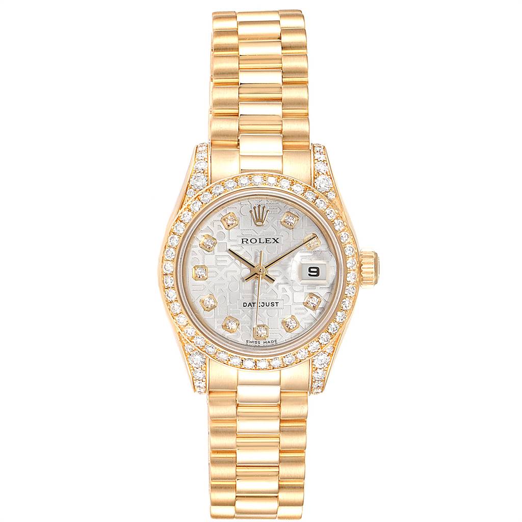 The image shows a Rolex President 179158 Women's Yellow Gold Silver Dial 179158 Women's Yellow Gold Silver Dial model watch viewed from the front, highlighting its gold bracelet, diamond bezel, and date display.