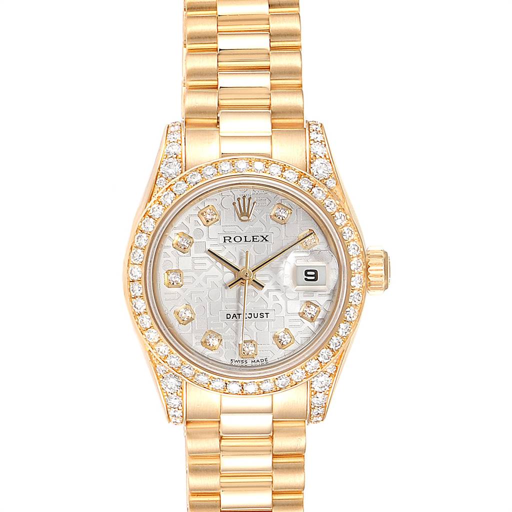 The Rolex President 179158 Women's Yellow Gold Silver Dial 179158 Women's Yellow Gold Silver Dial model watch is shown from a straight-on angle, displaying the face, bezel, and bracelet.