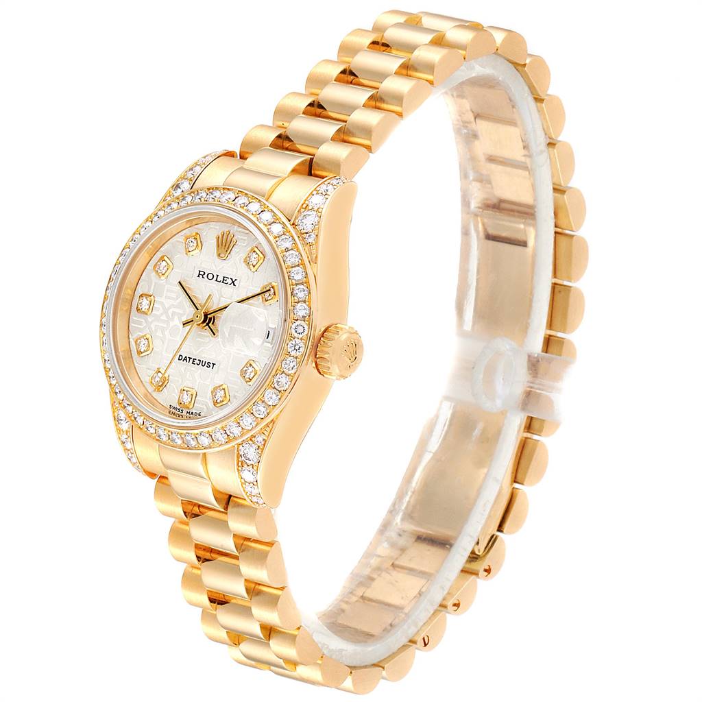 The image shows a Rolex President 179158 Women's Yellow Gold Silver Dial 179158 Women's Yellow Gold Silver Dial model watch at a slight angle, highlighting its face, bezel, crown, and bracelet.