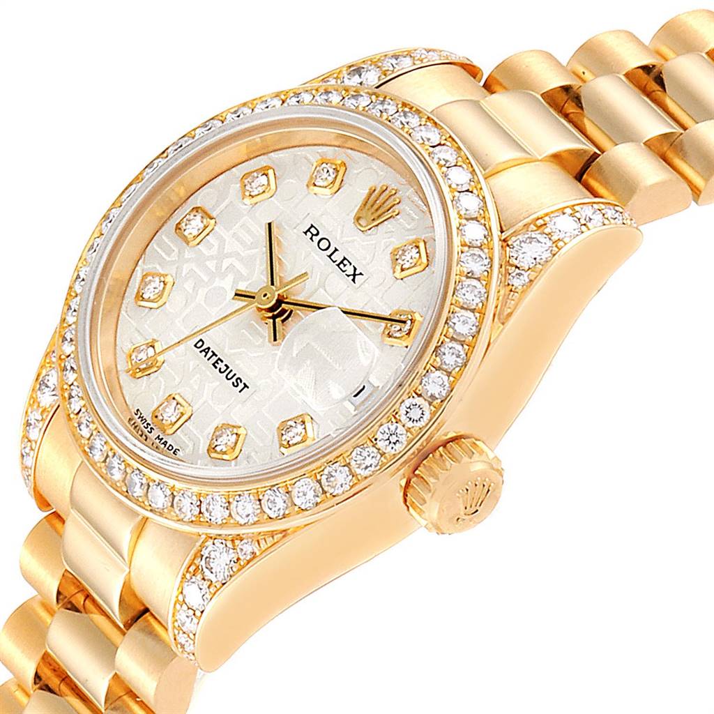 This image shows a close-up angle of the Rolex President 179158 Women's Yellow Gold Silver Dial 179158 Women's Yellow Gold Silver Dial model watch, highlighting the dial, bezel, crown, and bracelet.