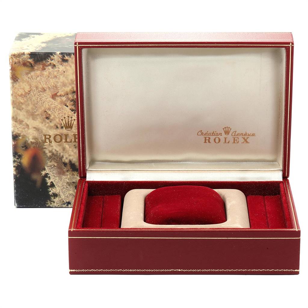 This image shows an open presentation box for the Rolex President 68289 Women's White Gold Black Dial 68289 Women's White Gold Black Dial model watch.