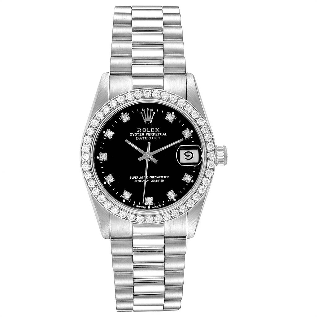 This image shows a front view of the Rolex President 68289 Women's White Gold Black Dial 68289 Women's White Gold Black Dial model watch, displaying its dial, bezel, and bracelet.