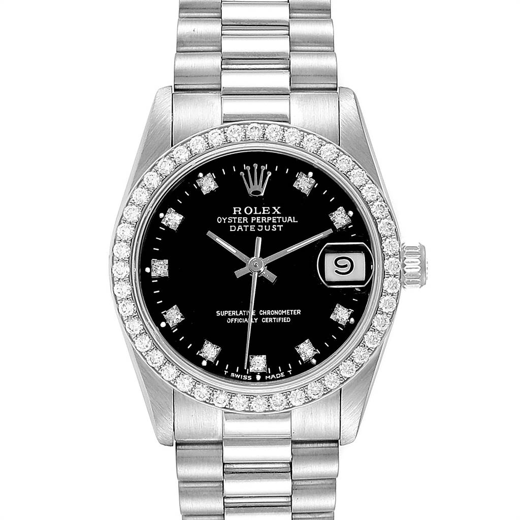 The image shows a front view of a Rolex President 68289 Women's White Gold Black Dial 68289 Women's White Gold Black Dial model watch, including the black dial, diamond hour markers, date window, and bracelet.