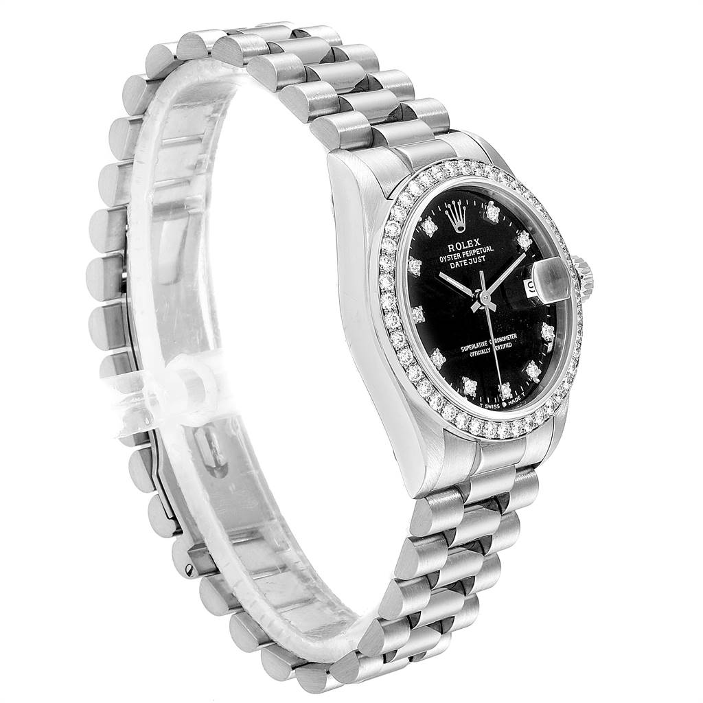 The image shows a side view of the Rolex President 68289 Women's White Gold Black Dial 68289 Women's White Gold Black Dial model watch, highlighting the bracelet, case, bezel, and dial.