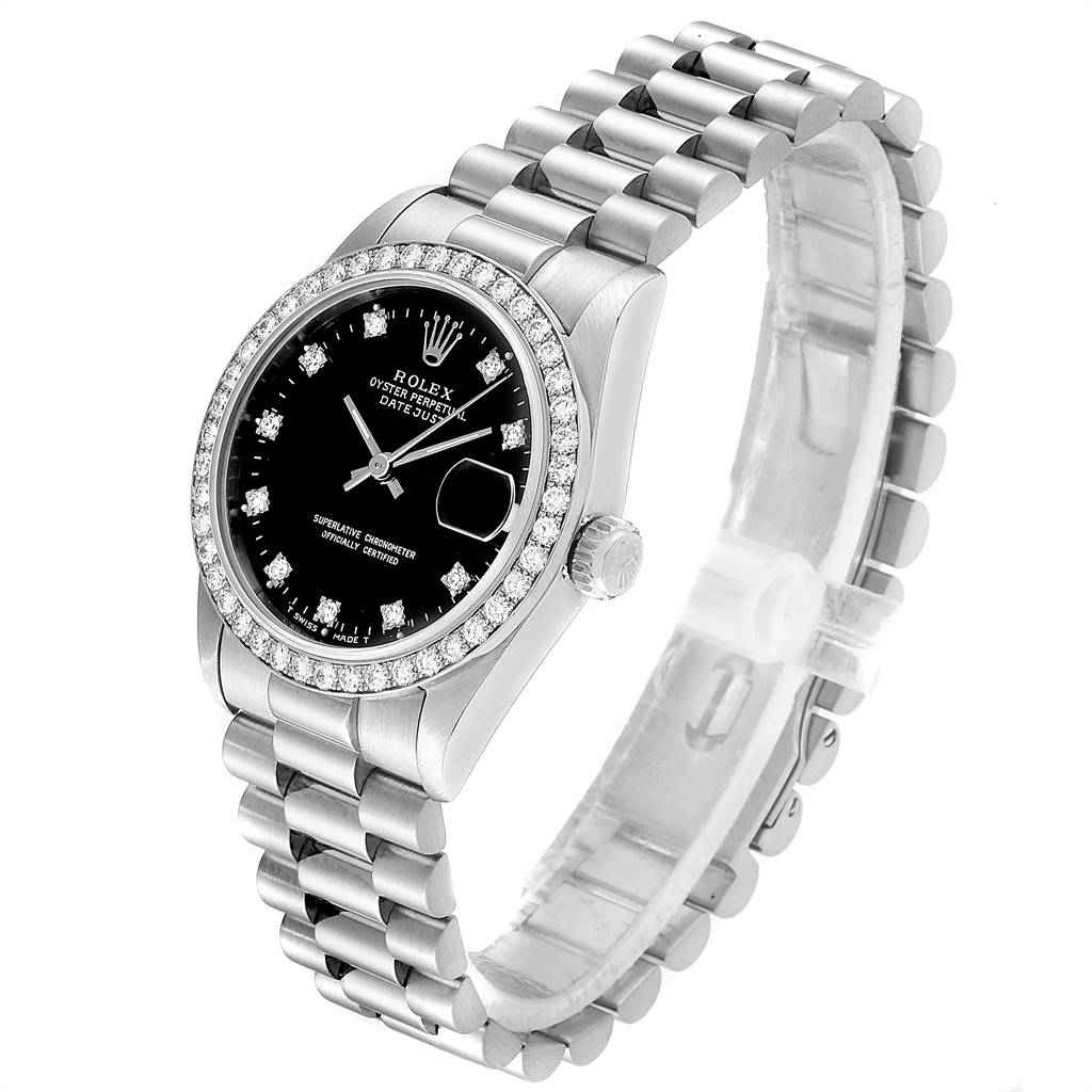 This Rolex President 68289 Women's White Gold Black Dial 68289 Women's White Gold Black Dial model watch is shown at a three-quarter angle, displaying the face, bracelet, and crown.
