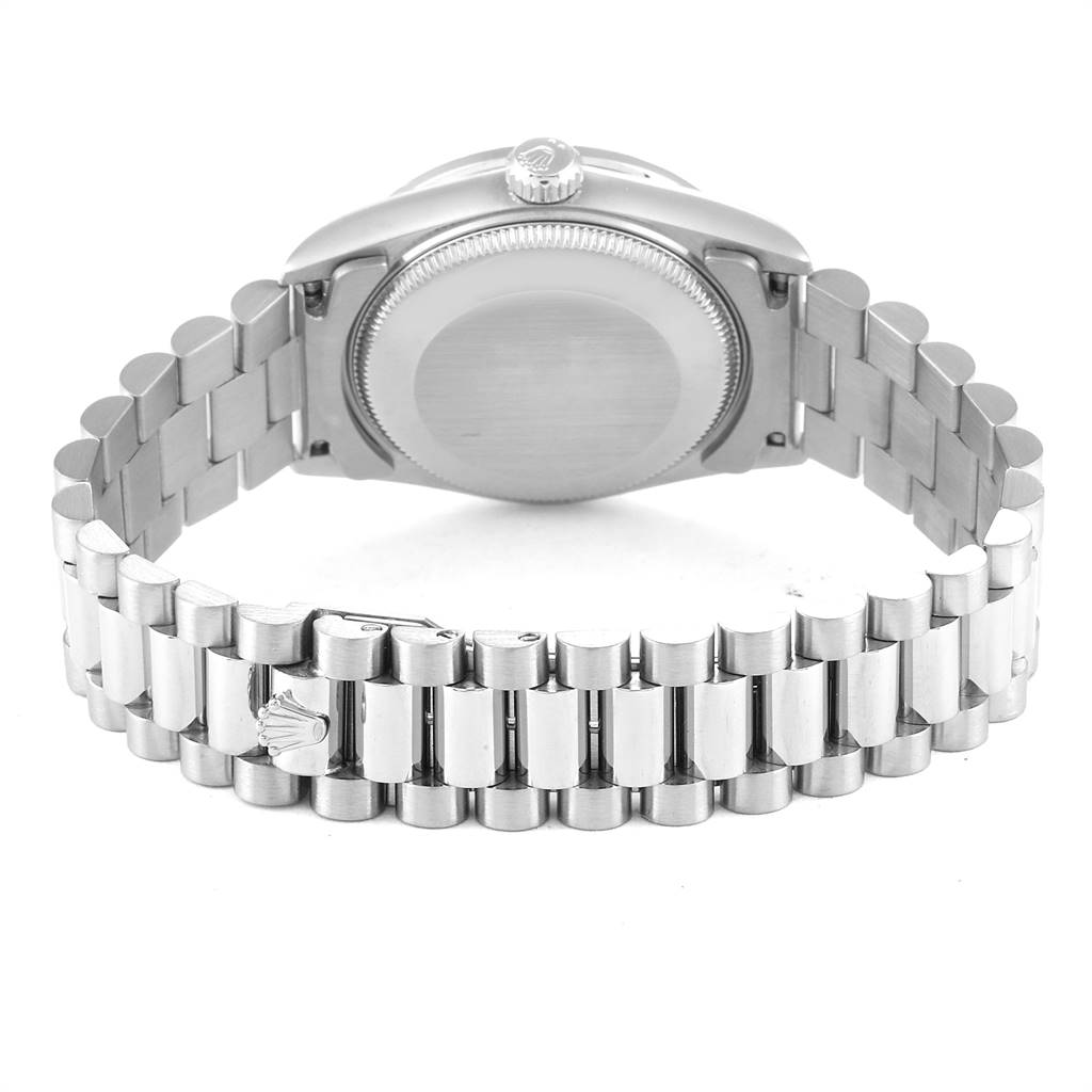 The image shows the back case and bracelet of a Rolex President 68289 Women's White Gold Black Dial 68289 Women's White Gold Black Dial model watch from a rear angle.