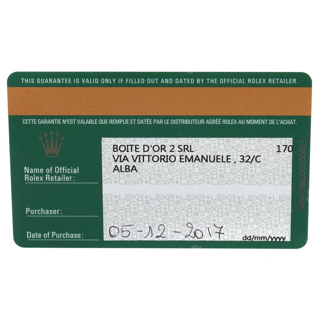 The image shows a warranty card for the Rolex President 279165 Women
s Rose Gold Brown Dial 279165 Women
s Rose Gold Brown Dial model watch, displaying retailer information and the purchase date.