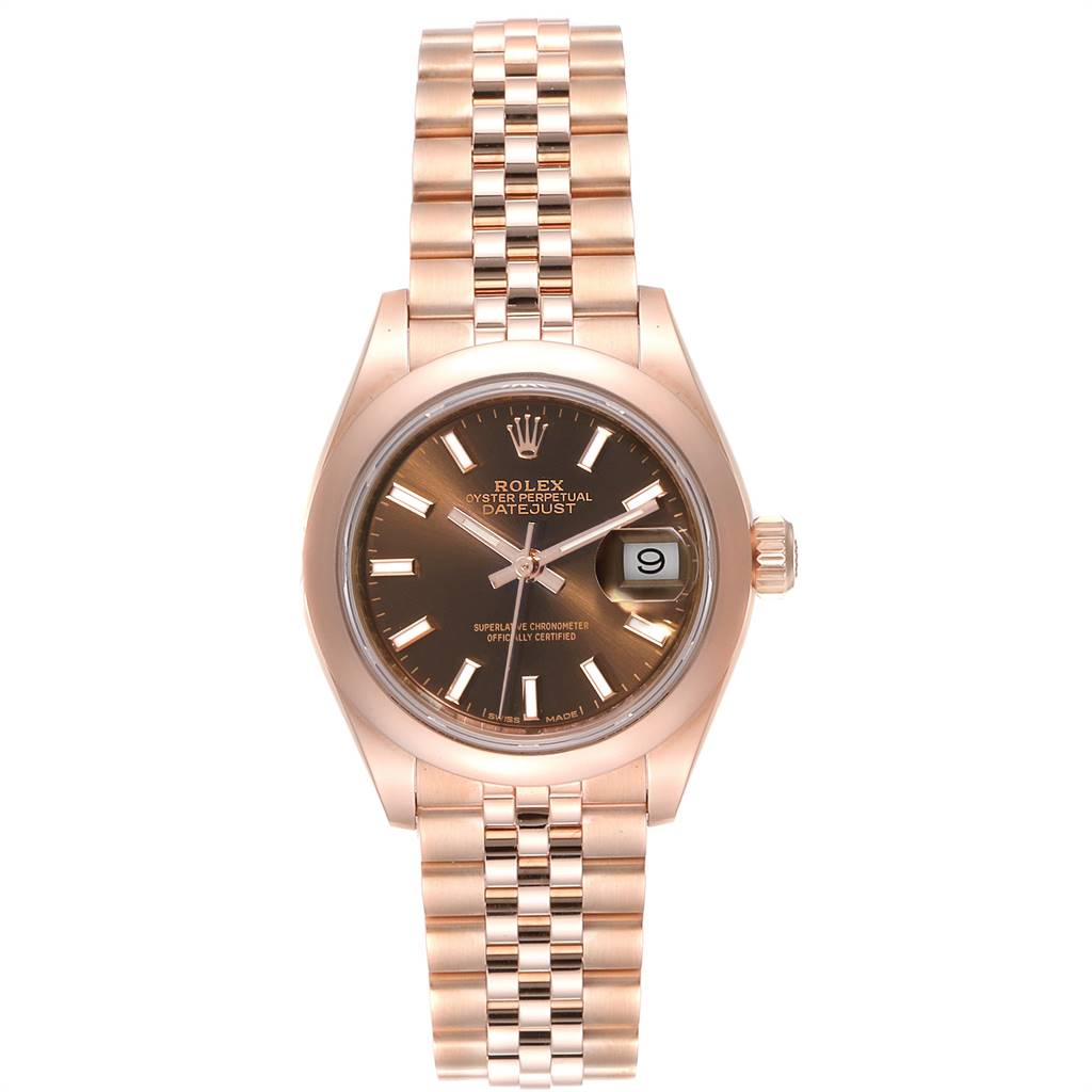 This image shows a front view of the Rolex President 279165 Women
s Rose Gold Brown Dial 279165 Women
s Rose Gold Brown Dial model watch, featuring its dial, bracelet, and date display.