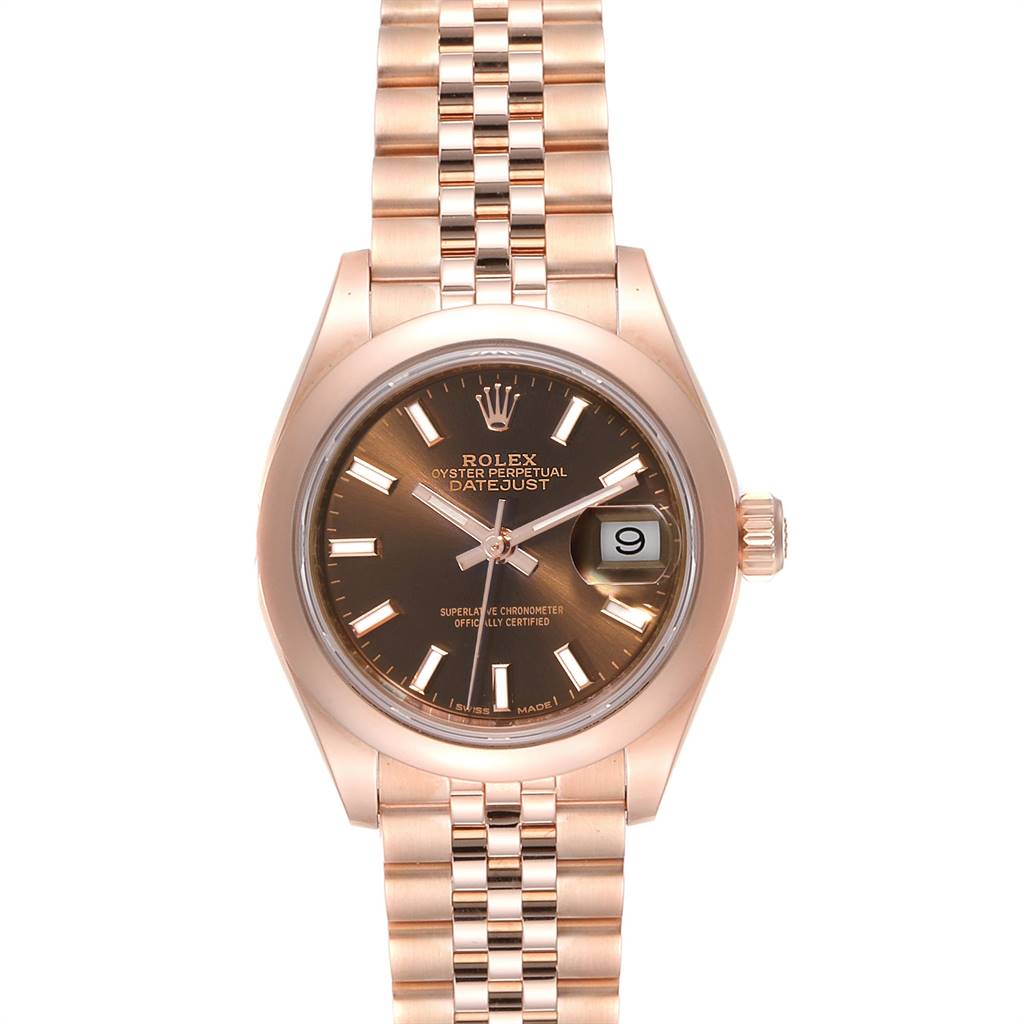 The image shows a frontal view of a Rolex President 279165 Women
s Rose Gold Brown Dial 279165 Women
s Rose Gold Brown Dial model watch, highlighting the dial, date window, and bracelet.