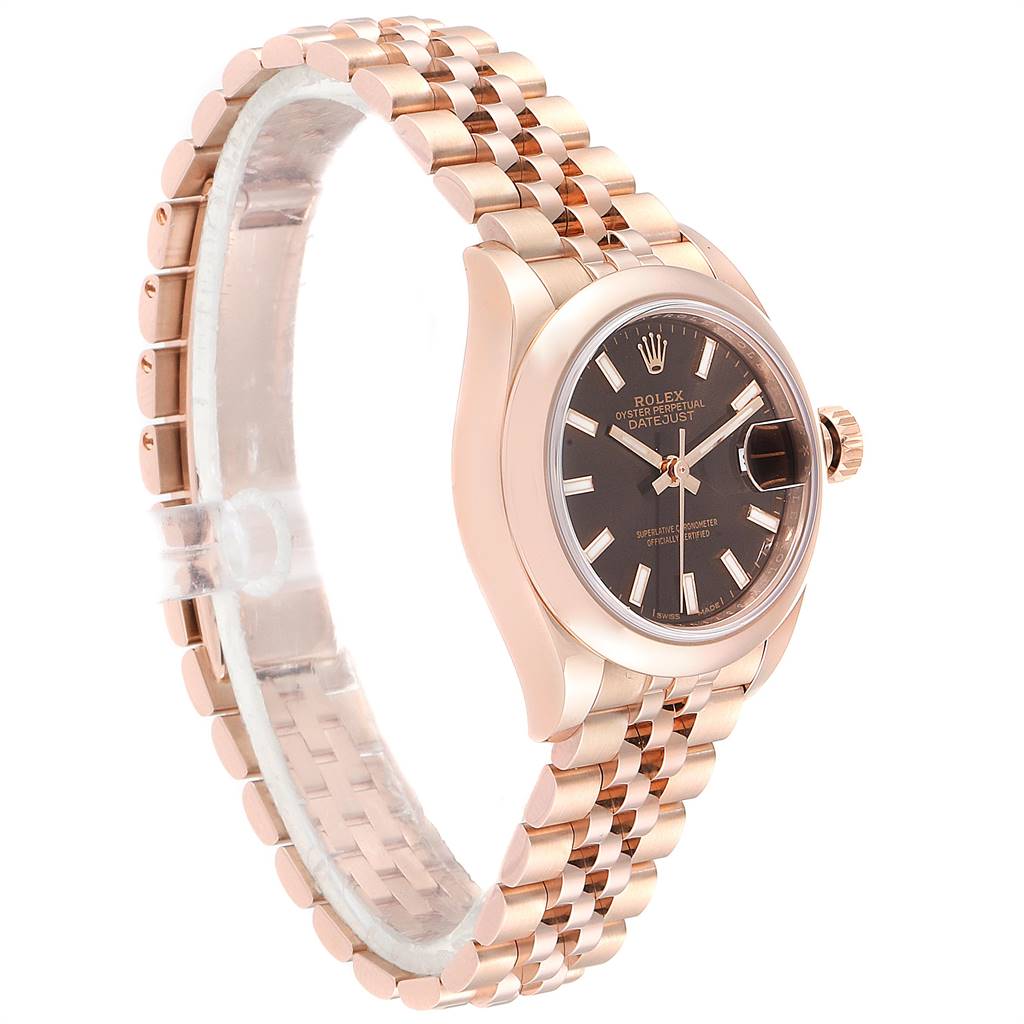 The image shows a side angle of the Rolex President 279165 Women
s Rose Gold Brown Dial 279165 Women
s Rose Gold Brown Dial model, highlighting the dial, crown, and bracelet.