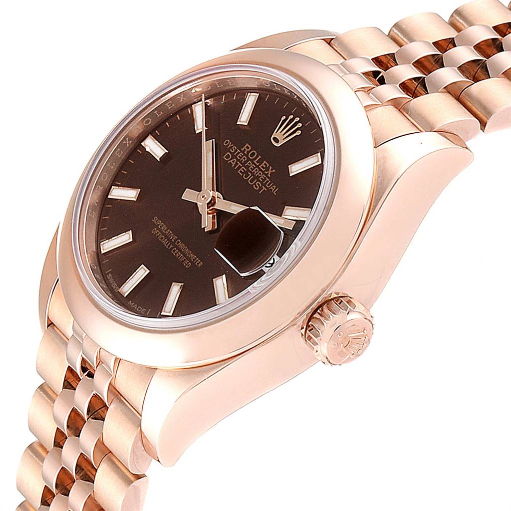 This image shows a side angle of a Rolex President 279165 Women
s Rose Gold Brown Dial 279165 Women
s Rose Gold Brown Dial model watch, highlighting the dial, bezel, crown, and bracelet.