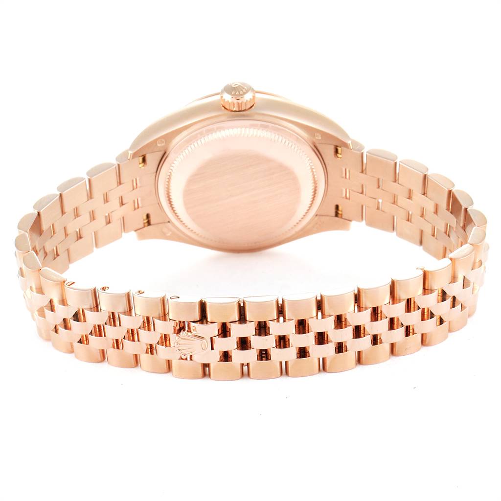 The image shows the case back and bracelet of a Rolex President 279165 Women
s Rose Gold Brown Dial 279165 Women
s Rose Gold Brown Dial model watch from a rear angle.