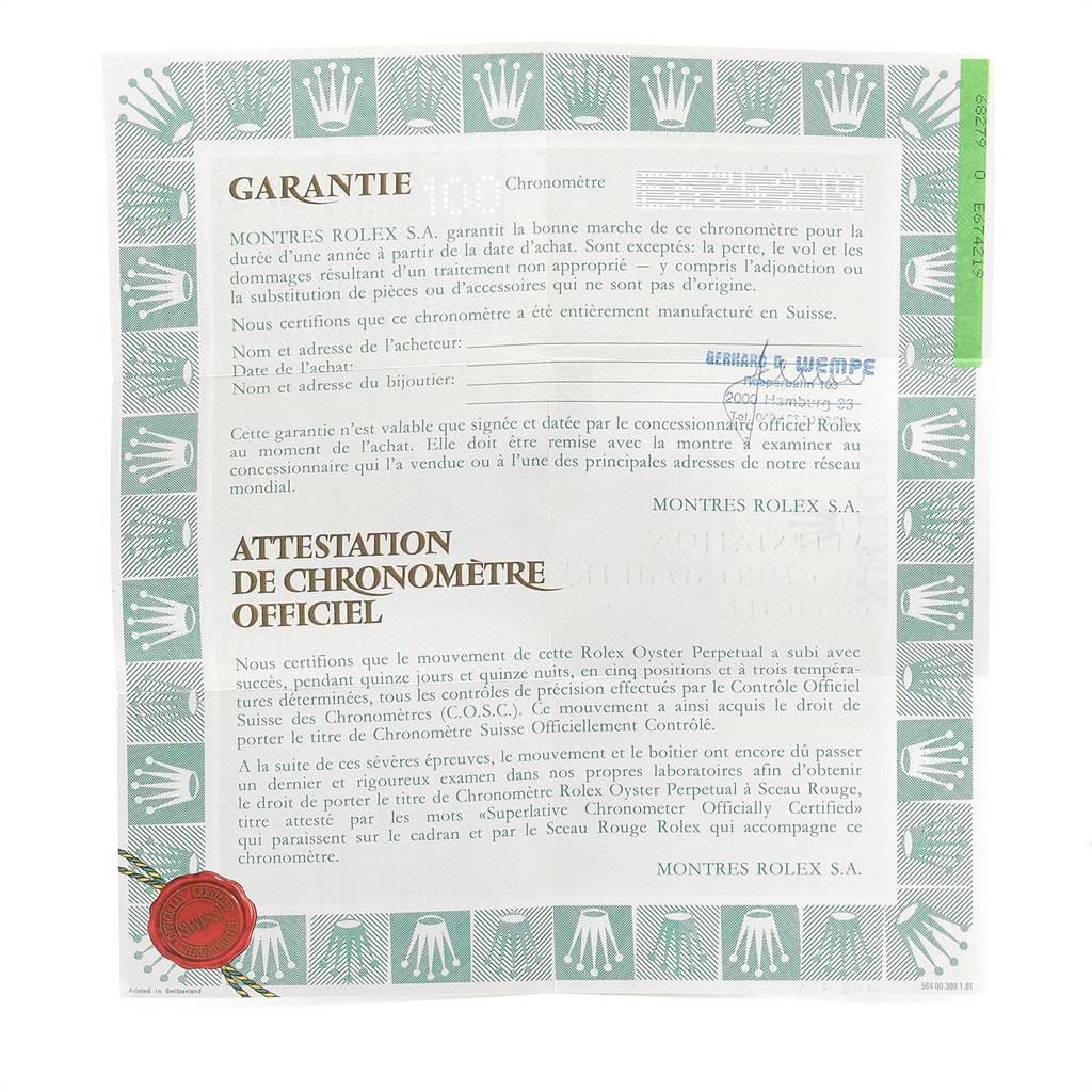 The image shows the official guarantee certificate for a Rolex President 68279 Women's White Gold Silver Dial 68279 Women's White Gold Silver Dial model watch.