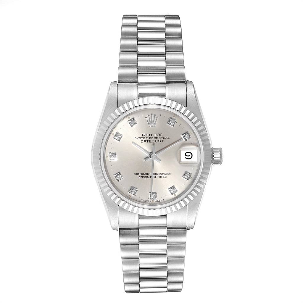 The image shows a frontal view of the Rolex President 68279 Women's White Gold Silver Dial 68279 Women's White Gold Silver Dial model watch, featuring its dial, bezel, and bracelet.